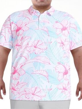 Birdie Bound Men's Pink Hibiscus Print Golf Polo Shirt Size 2XL Active Casual